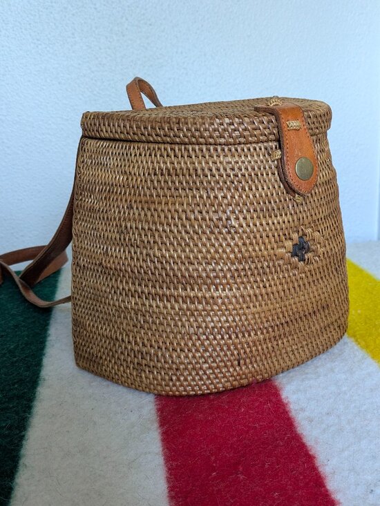 Rattan boho wicker backpack bag leather trim main image 5